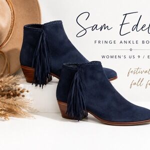 Sam Edelman Navy Suede Fringe Ankle Booties Festival Boho Western Fall